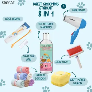 SC 8in1 Starcat Paket Grooming Pet Natural Shampoo Strawberry Alat Mandi Kucing Perawatan Bulu Gigi