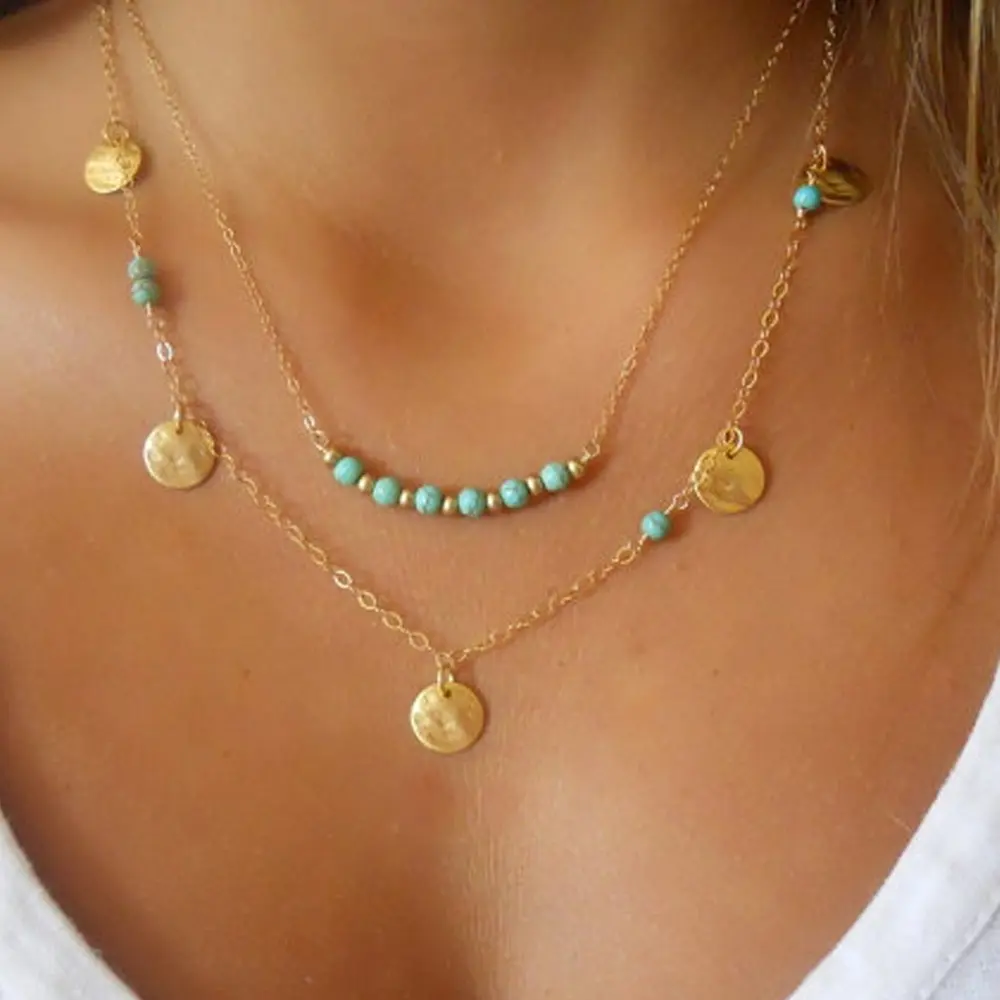 European and American Ornament Multi-Layer Wafer Pendant Turquoise Pendant Necklace Hot Selling Women's Necklace