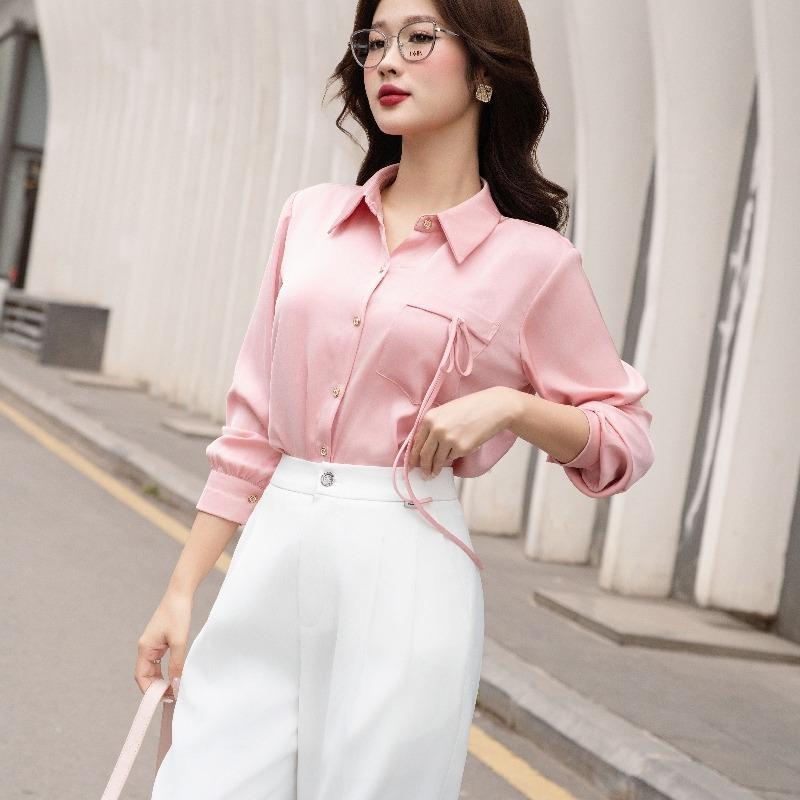 Áo sơ mi lụa tay dài phối cổ LA444 1
