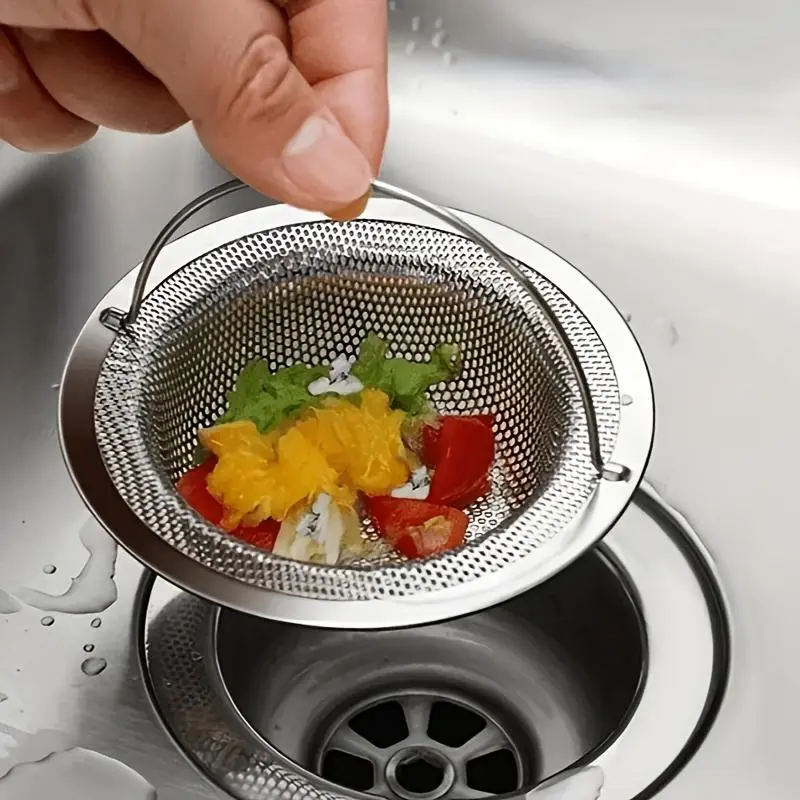 Stainless Steel Sink Strainer with Handle, Kitchen Sink Strainer, Metallic Drain Stopper, Hair Catcher, Clog Prevention Filter for Kitchen & Bathroom