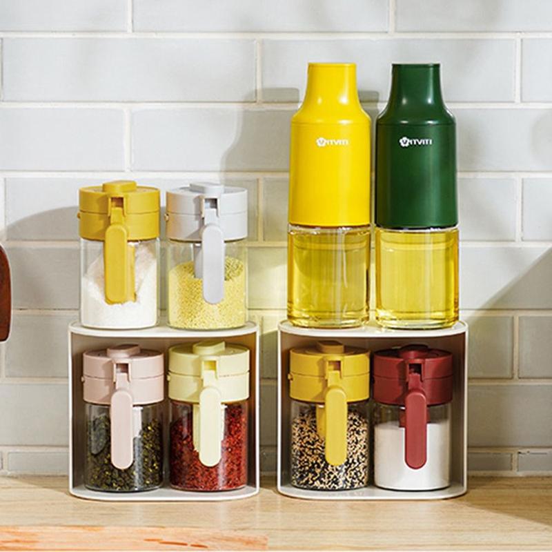 Clear Spoon Separated Kitchen Seasoning Box Dustproof Lid Moisture-Proof 2 in 1 Condiment Jar Lockable Handle Spice Bottle Sugar 5