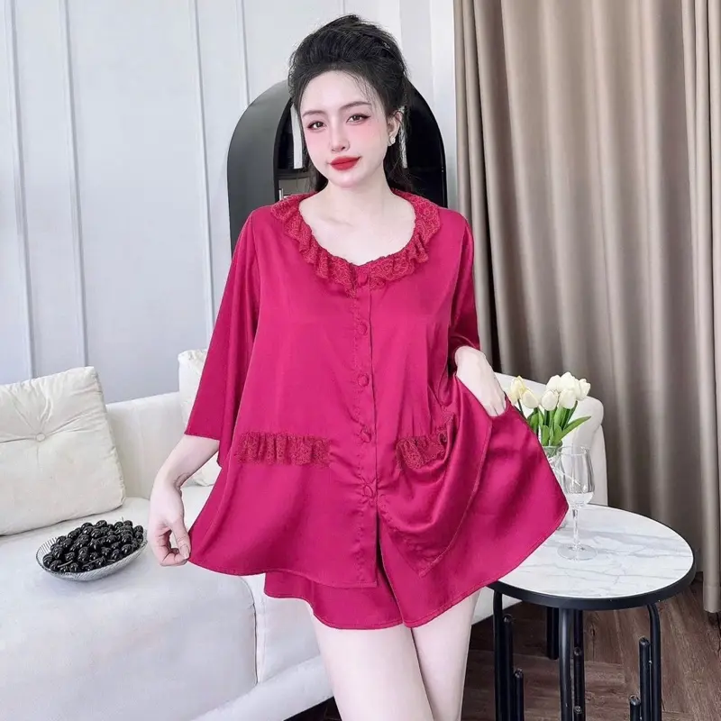 Set Đồ Ngủ Lụa Latin Tay Loe Viền Cổ Phối Ren , Quần Đùi Có Túi (45-75kg) Women 3