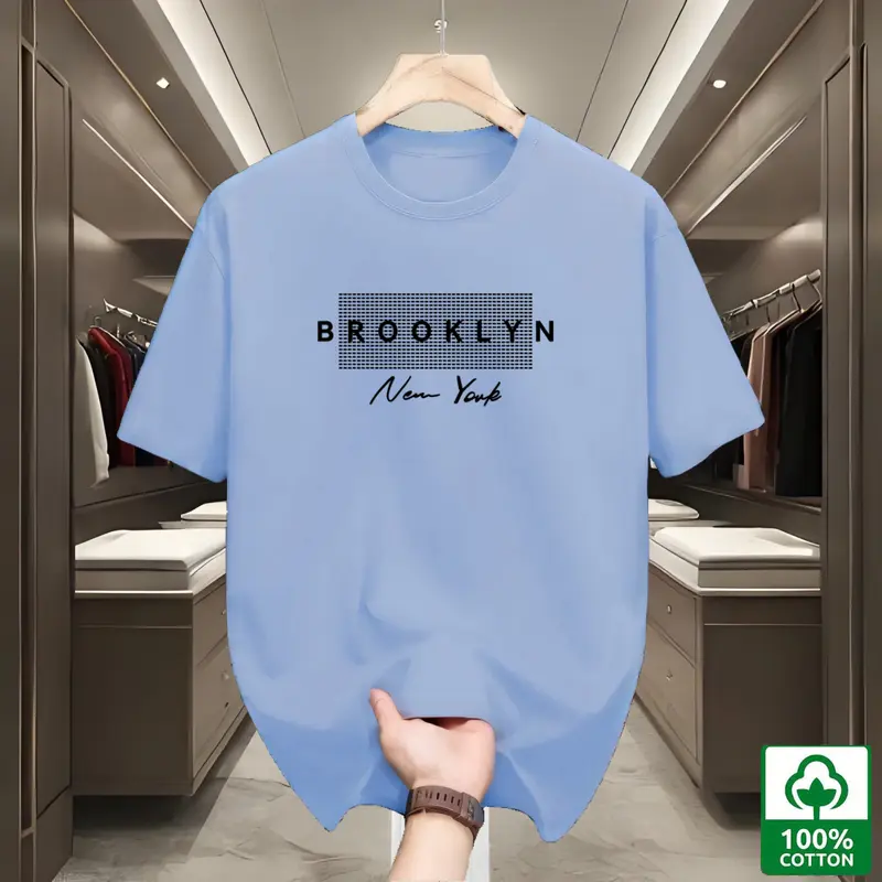 Áo Thun Cổ Tròn Thời Trang Nam, 100% Cotton, ngắn Tay Thoải Mái Và Thoáng Khí, Phong Cách Dễ Phối Đồ Thường Ngày Thích Hợp Cho Mùa Hè, Cỡ M-XL, Ngoại Cỡ, Có Màu Xanh Lá Cây, Hồng, Tím Và Trắng, In " NewYork " 3
