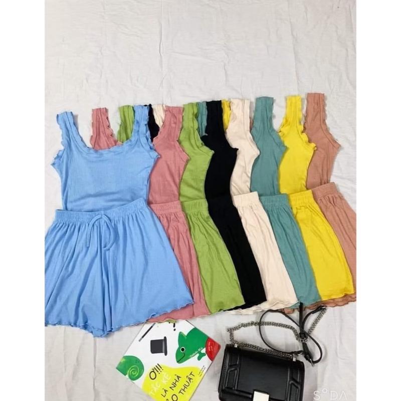 C10 Bộ ngủ áo ba lỗ quần viền bèo thun tăm, Sét đồ ngủ sexxy co giãn chất mát lạnh Nữ Voi