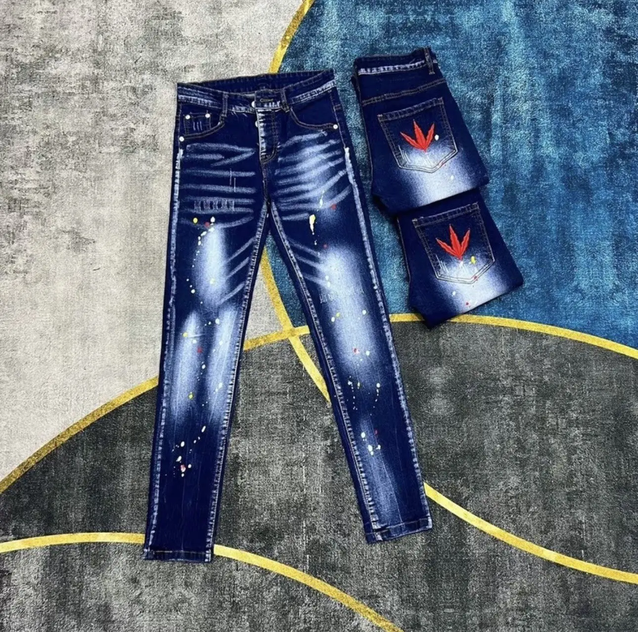 Quần Jean nam boy phố xanh thêu lá đỏ( 5 cánh 4 cút) có túi cotton chất vải bò có giãn dày dặn mẫu mới HotTrend Pants Menswear quần  dsq xanh quanjeans  namsale quan nam quần  d2
