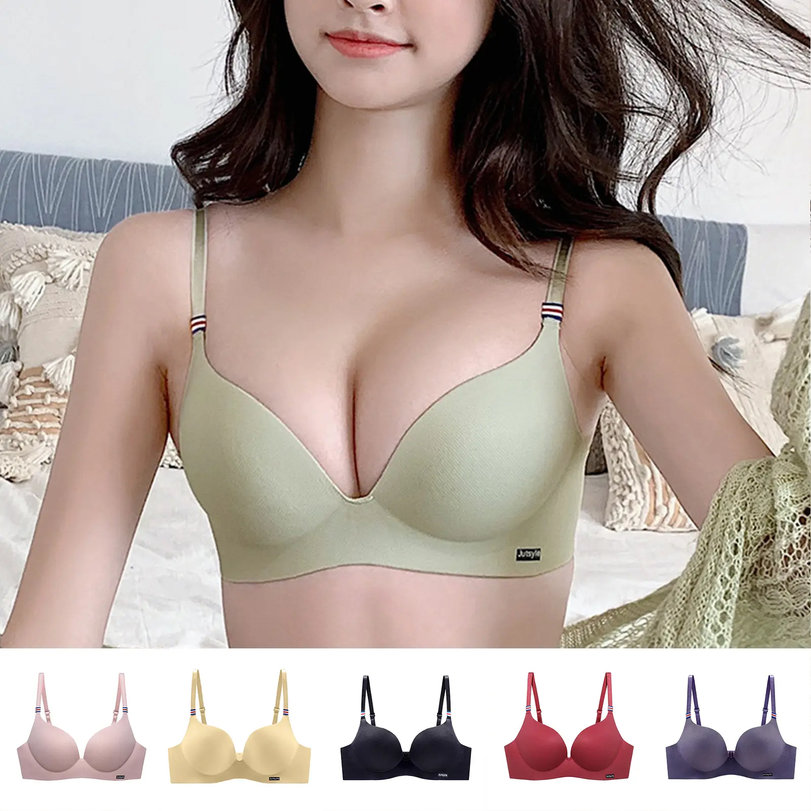Fw.Q-Women Bra No Steel Ring Adjustable Shoulder Straps Push Up Solid Color Back Closure No Deformation Anti-slip Thick Cup One Piece Lady Brassiere