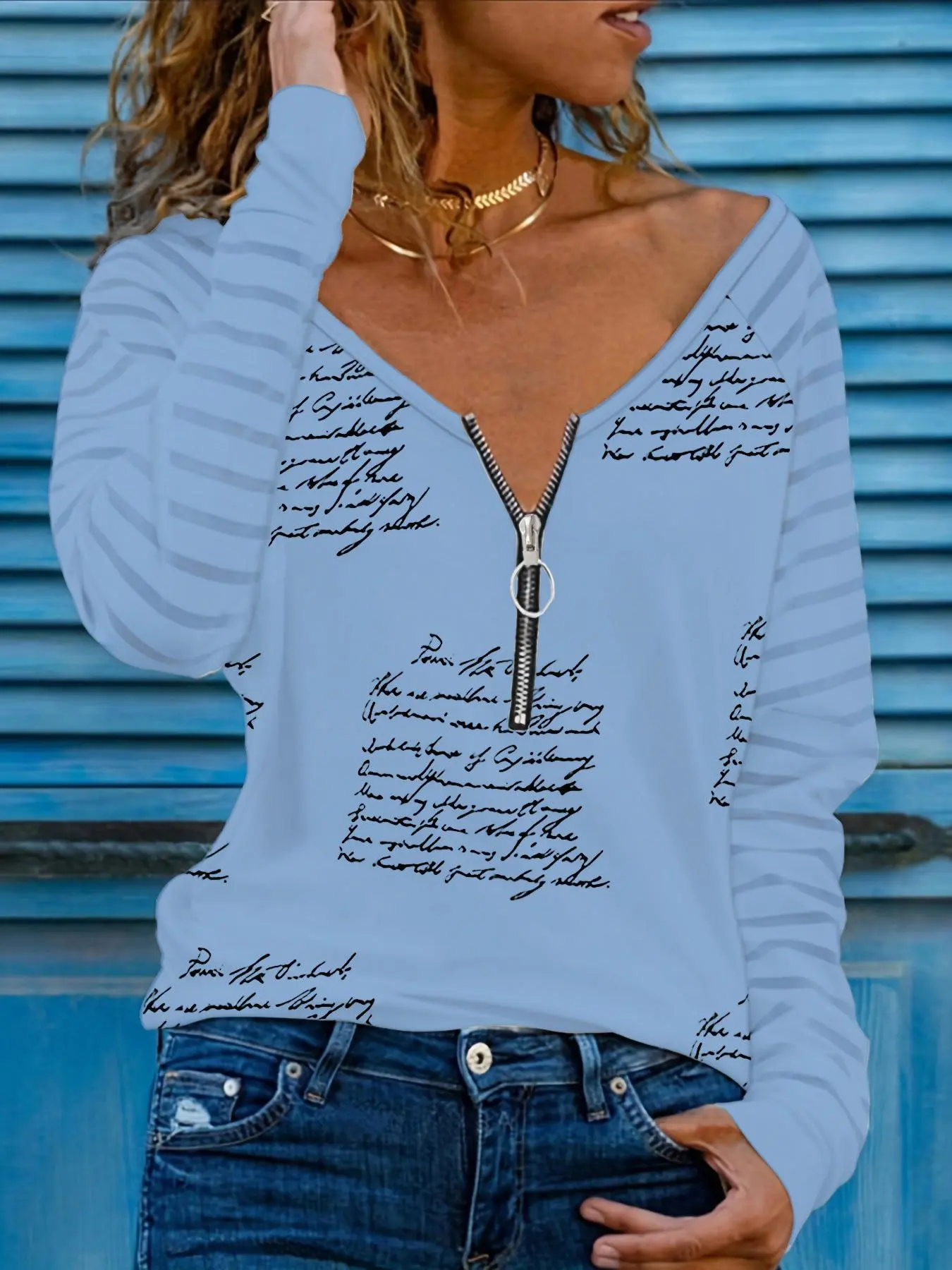 Women's Letter & Striped Print Zipper Raglan Sleeve Tee, Casual Long Sleeve V Neck T-shirt for Summer, Fashion Women's Top for Daily Wear
