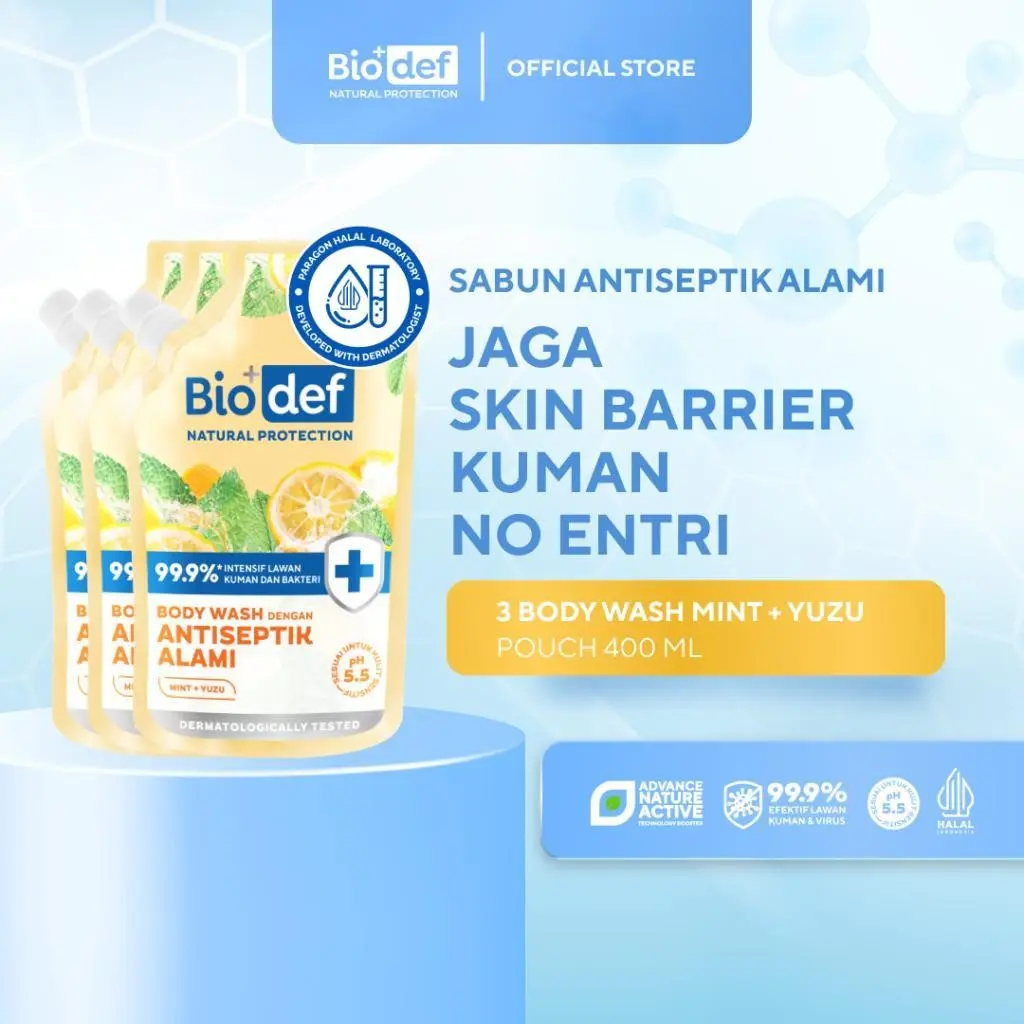 [TRIPLE PACK] Biodef Natural Protection Antioxidants Mint - Yuzu Body Wash Refill 400ml x 3pcs | Sabun Mandi Cair Antiseptik Aman dan Halal | Sabun Mandi Cair Untuk Kulit Sensitif | Mencerahkan Kulit dan Melembabkan Kulit