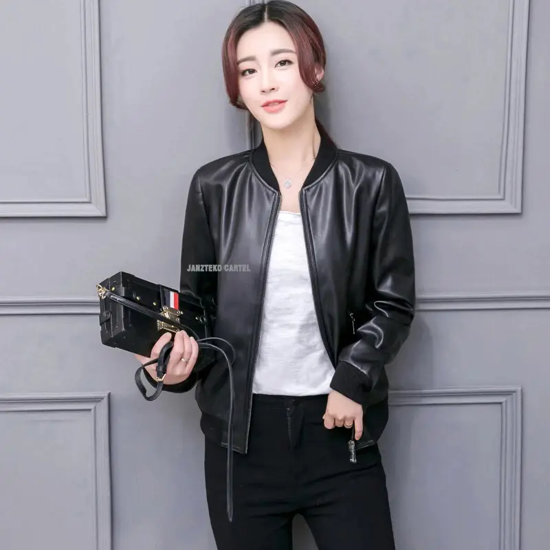 JNK x NURA - Jaket Bomber Wanita Casual Bahan Semi Kulit Sintetis PU Faux Synthetic Leather Jacket Slim Fit Reguler Korea Cewek Perempuan Semi Formal Outfit Hijab Motoran Vintage