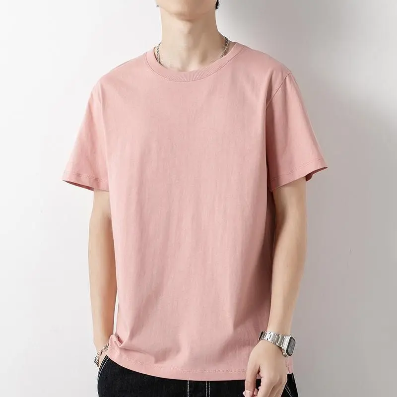 Cotton short sleepved T-shirt for men summer print round neck solid color pink loose fit trendy brand half sleepked T-shirt