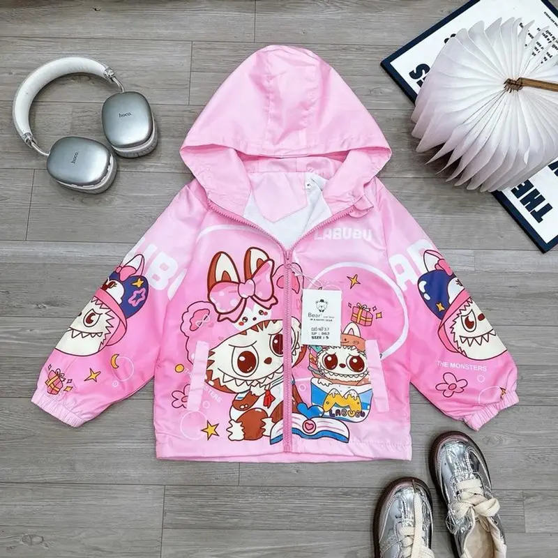 Áo Gió 2 Lớp Cho Bé Gái Labubu Thông Hơi Và Lót Nỉ In Hình Hoạ Tiết Dễ Thương Size 13-23Kg Mềm Mịn Áp Áp Chống Nước Cản Gió áo khoác lót lông 0