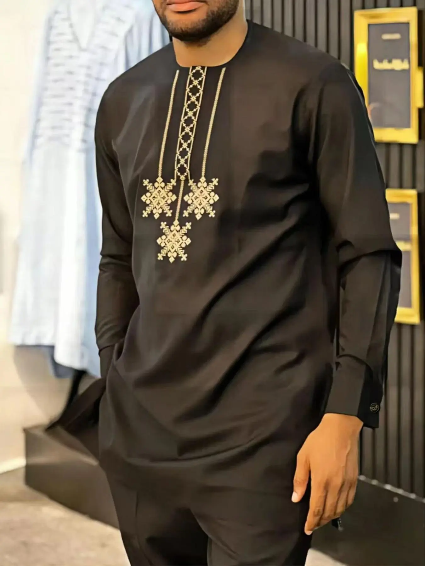 Men's Printed Long Sleeve Kaftan Set, Regular Fit Casual Comfy Round Neck Split Hem Top & Invisible Zipper Pocket Design Drawstring Waist Pants Two-Piece Set for Spring & Fall, Fashion Men's Clothes for Daily Wear