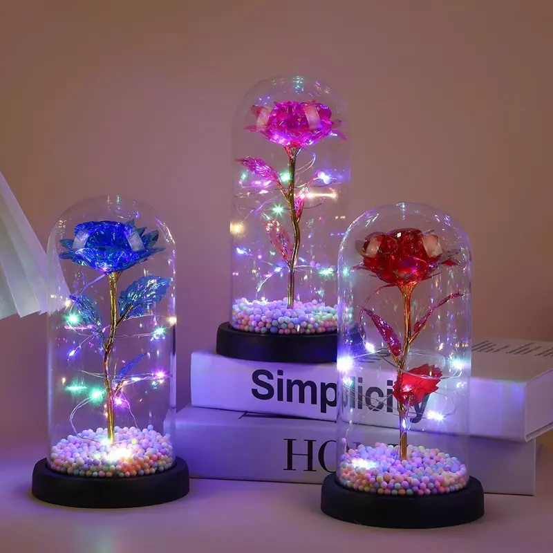 Đèn Hoa Hồng Vĩnh Cửu, Mẫu Đơn Giản, 1 Bông Hoa, Nắp Chụp Kính, Đế Nhựa, Quà Tặng, Tình Yêu 1