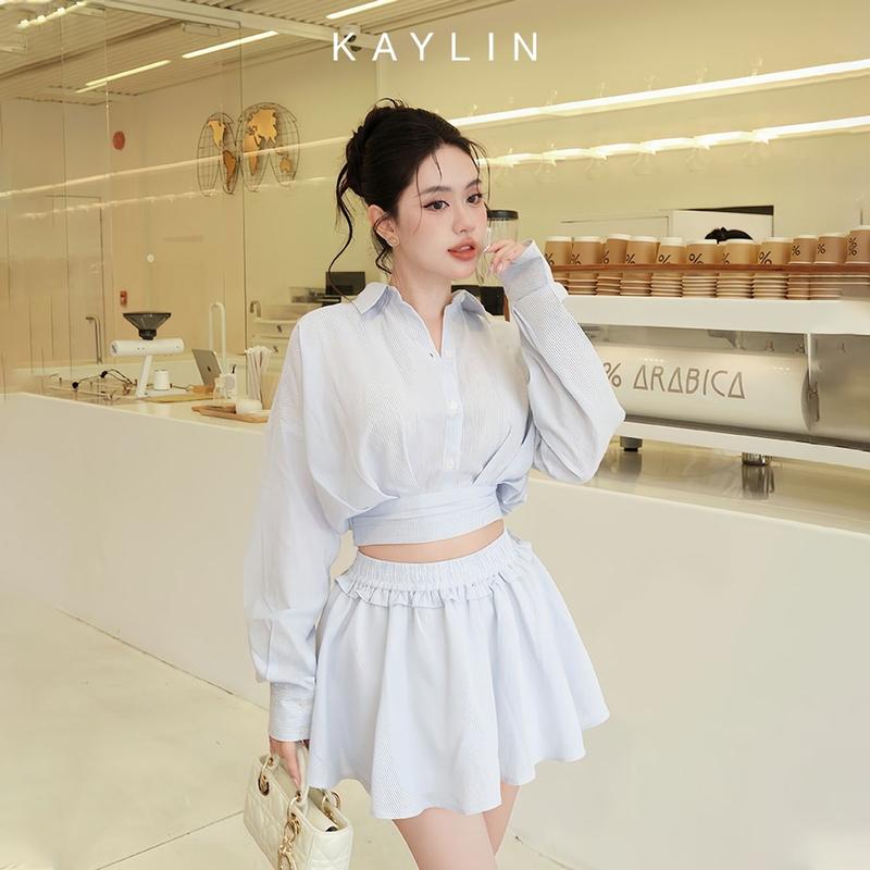 Set KAYLIN áo sơ mi form croptop phối chân váy ngắn xếp ly chất vải Linen phong cách cá tính - N2421 Nữ Women