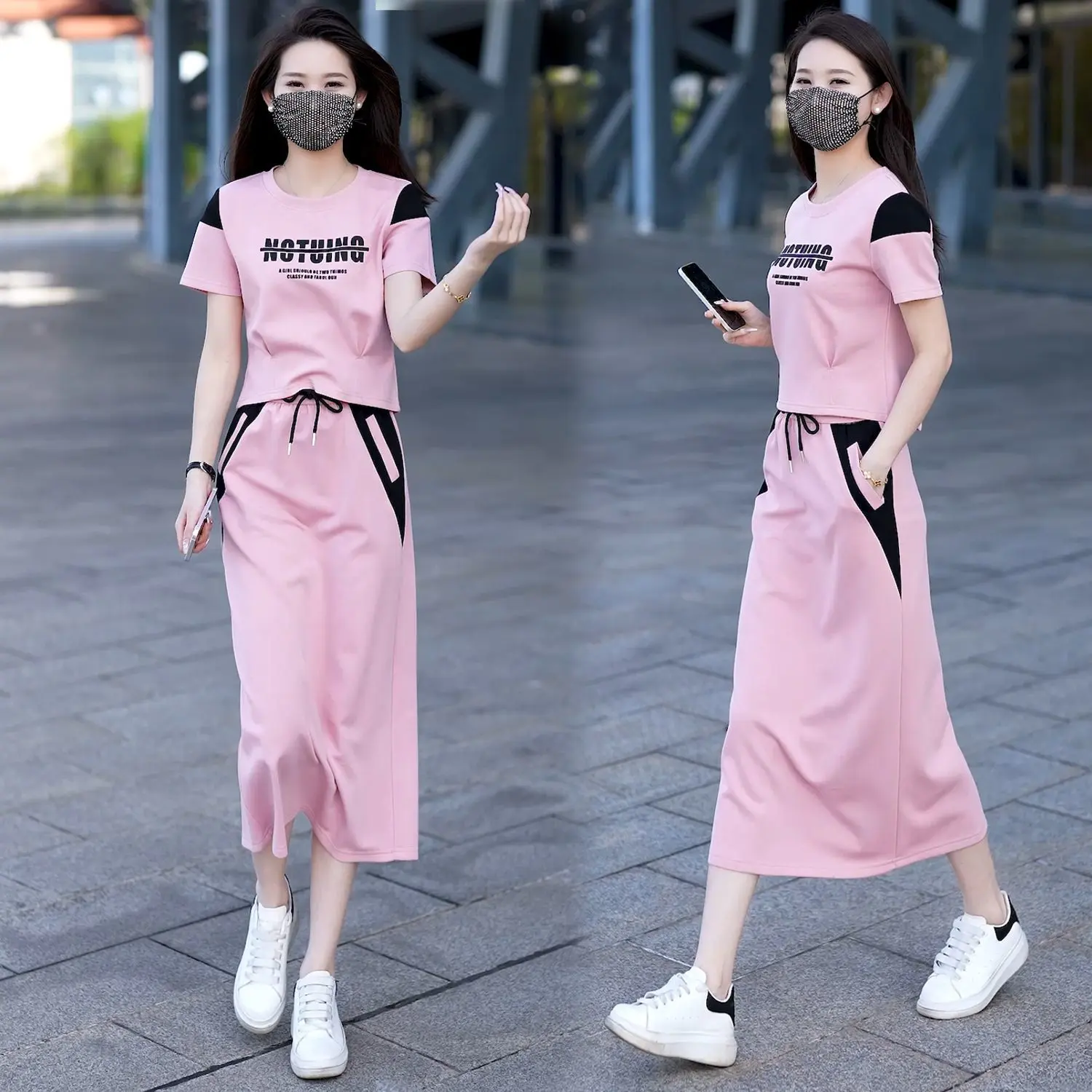 Váy ngắn Tay, Thời Trang Mới, Bộ Hai Mảnh, Váy Áo Thun Ngắn Tay Trung Quốc Phong Cách Phương Tây, Bộ Đồ Thường Ngày Trông Trẻ Trung