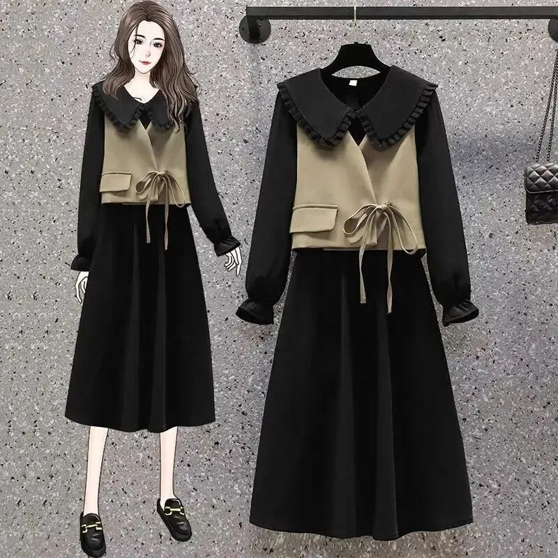 Bộ Váy Cổ Búp Bê Mùa Thu, Trang Phục Nữ Ngoại Cỡ Váy Vest Cô Gái Đầy Đặn Nhỏ Hàng Mới Về Năm 2025