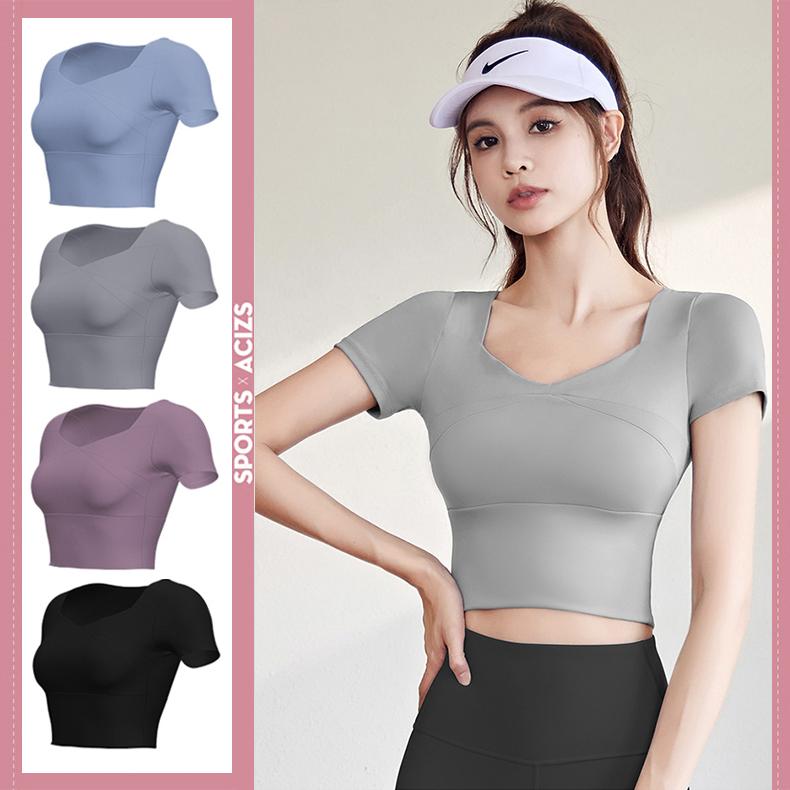 Áo thể thao yoga crop top, áo chạy bộ, quần tập gym ngắn tay, Tích hợp miếng đệm ngực cố định Sport Tập Thể Dục Nữ Tập Aerobic Áo Thun có thể giặt máy 【l】 áo thun thể thao 0