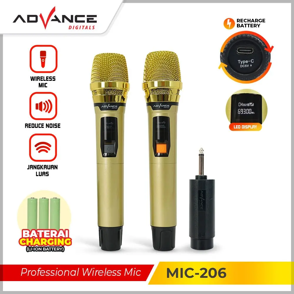 Advance Digitals MIC-206 Mic Wireless Microphone Double Digital Bisa di Charge Karaoke Garansi Resmi 1 Tahun Mikrofon