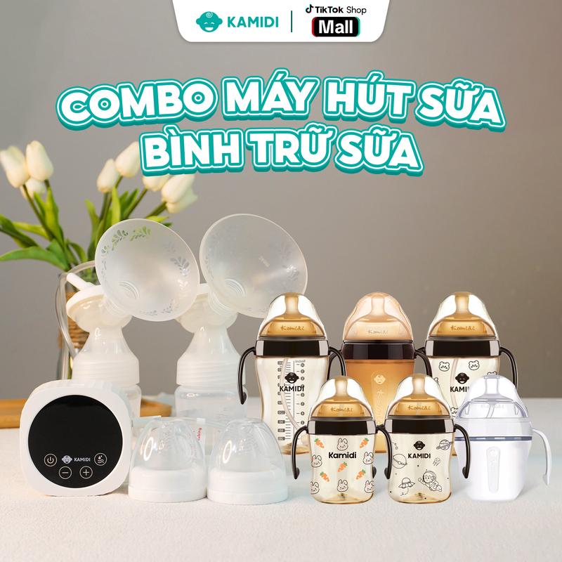 [Tặng núm thay thế cho bình trữ sữa họa tiết] Combo máy hút sữa và bình trữ sữa đa năng KAMIDI , phễu bằng silicone mềm mại,  máy hút sữa KAMIDI