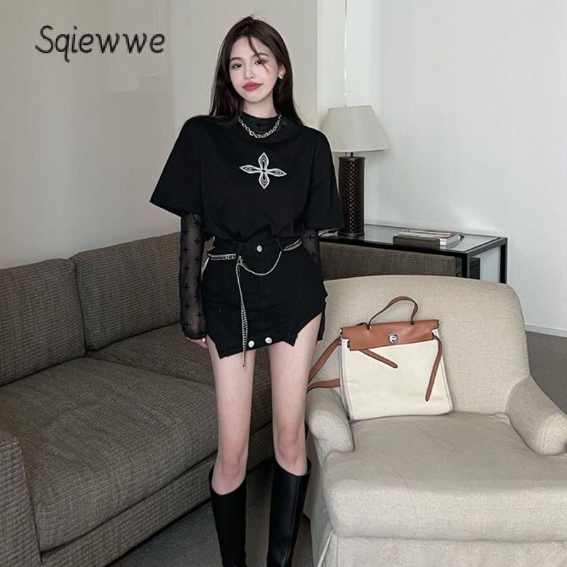SS24 Women Crop Cover-Up Tops Cross Print Sheer Long Sleeve Shirt Casual Pullovers for Club Streetwear Aesthetic Clothes 4