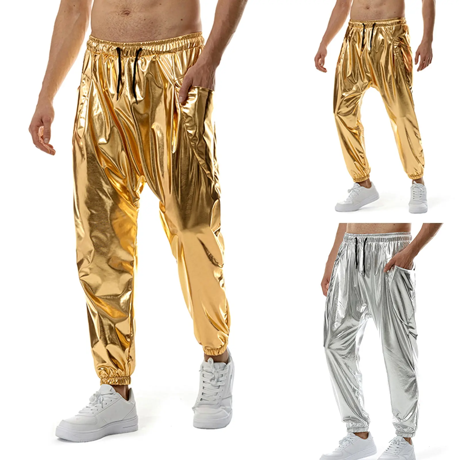 Qikbjg Men Pants Drawstring Elastic Waist Glossy Surface Loose Soft Breathable Side Pockets Pleated Solid Color Harem Pants Casual Daily Long Jogging Trousers