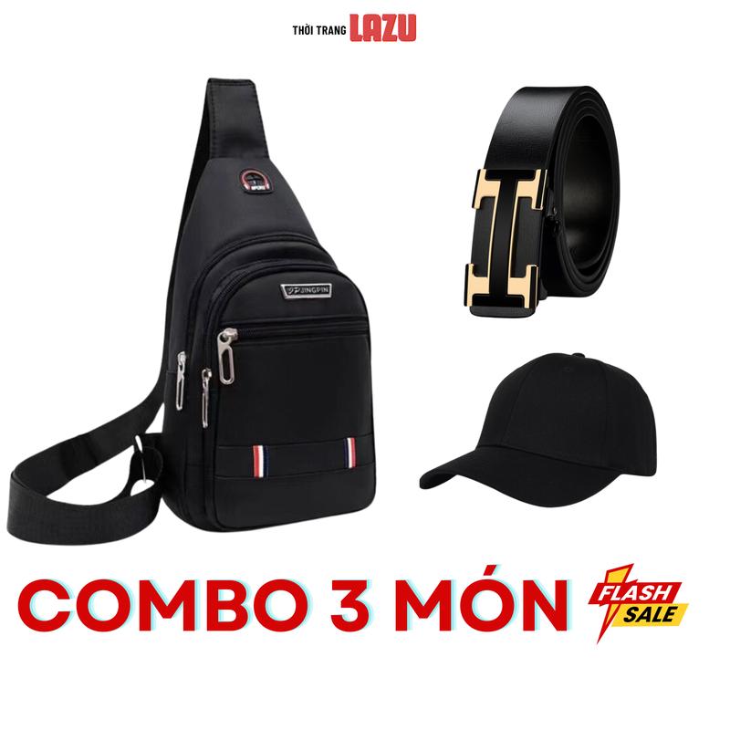 COMBO 3 MÓN: Túi Đeo Chéo, Thắt Lưng Da Nam, Mũ Thời Trang Lazu 3M55 Bag Túi Bao Tử dâ y _ n ị t   leather