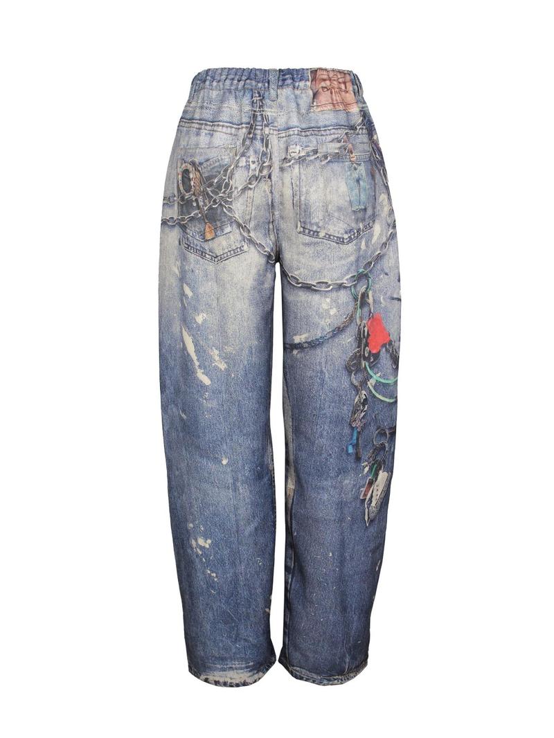 Product Introduction of Women's Denim-effect Print Button Fly  Straight Leg Pants, Casual Pocket Denim-effect Print Trousers for Daily Wear, Ladies Bottoms for All Seasons 2