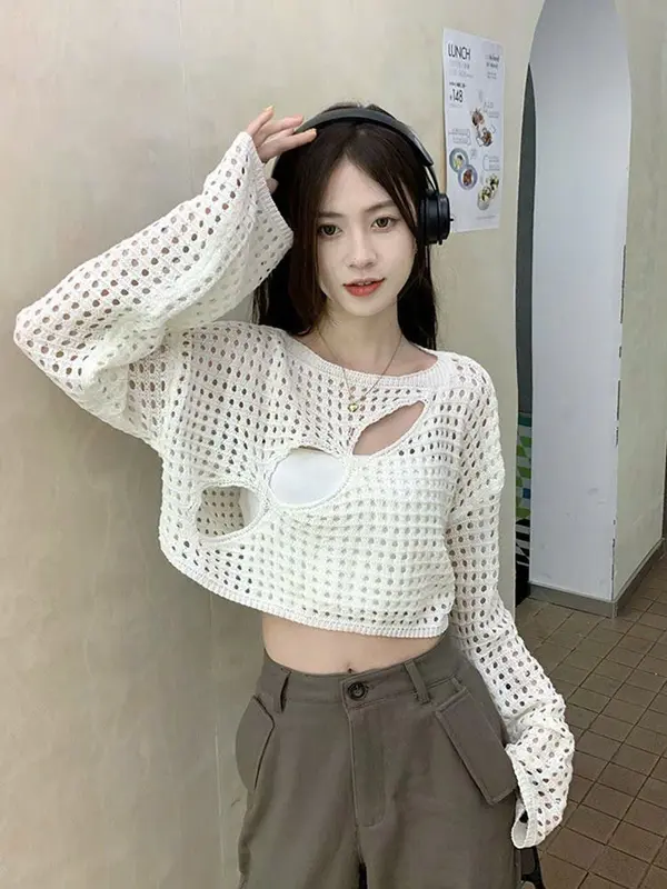 Áo Croptop Đan Lưới, Áo Ngoài Dài Tay Khoét Lỗ Trước Ngực Phối Áo 2 Dây Mùa Hè Năng Động Phong Cách Qccc Cam closet Women Nữ Dáng Ngắn Voi 5