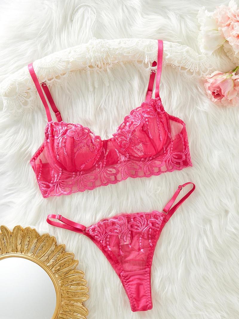 Product Introduction of Women's Solid Color Floral Embroidery Bra & Thong Two-piece Set, Sexy Cute Adjustable Strap Unlined Bra & Panty Set, Lingerie Set for Women 1