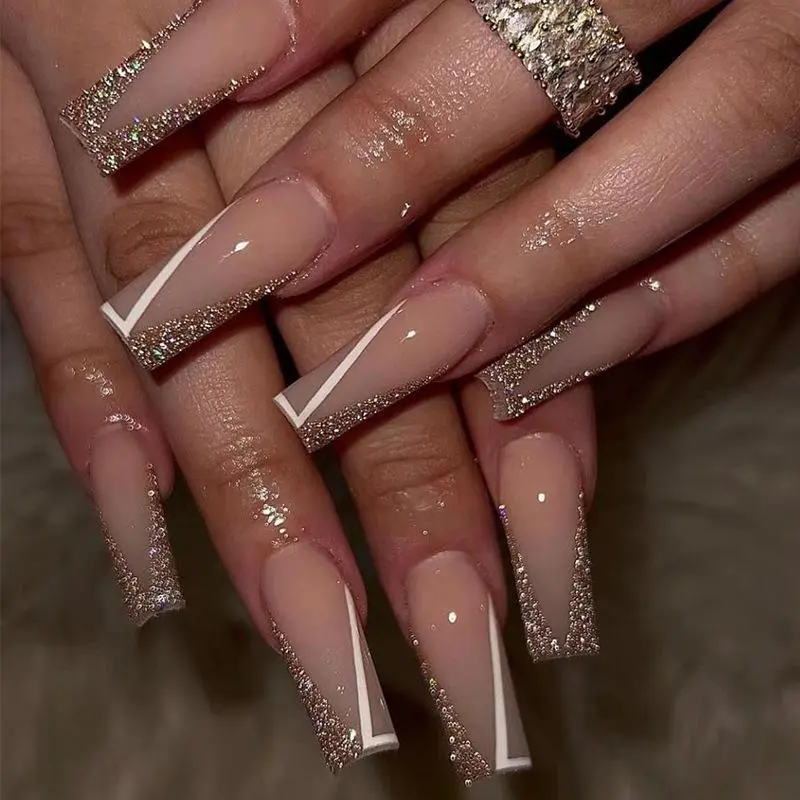 Glossy Line Glitter Pattern Fake Nails, 24pcs Removable Nail Art Kit, Artificial Full Covers For Women & Girls