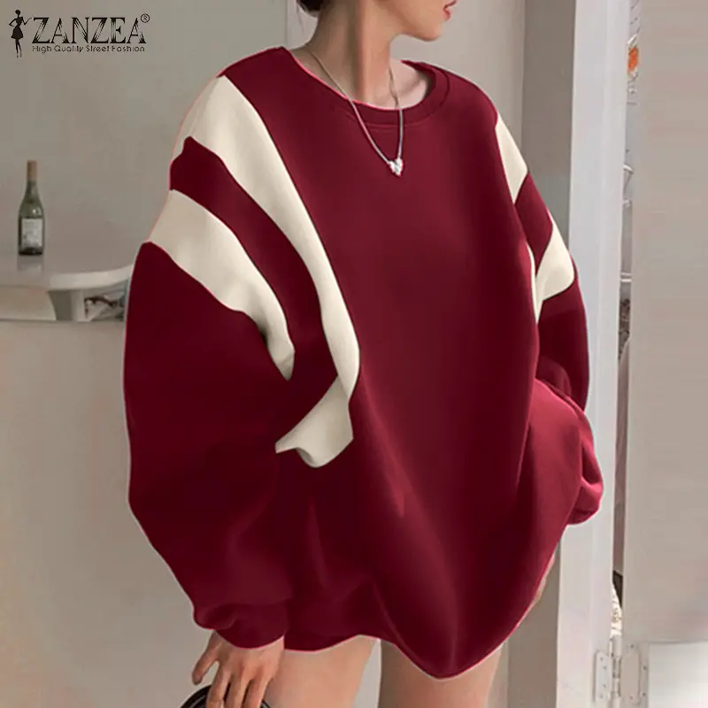 Áo Nỉ Thời Trang Thời Trang Đường Phố Phong Cách Hàn Quốc, Dành Cho Nữ, Cổ Tròn, Ghép Nối Tương Phản, Thời Trang, Áo Chui Đầu Dài Tay, ZANZEA