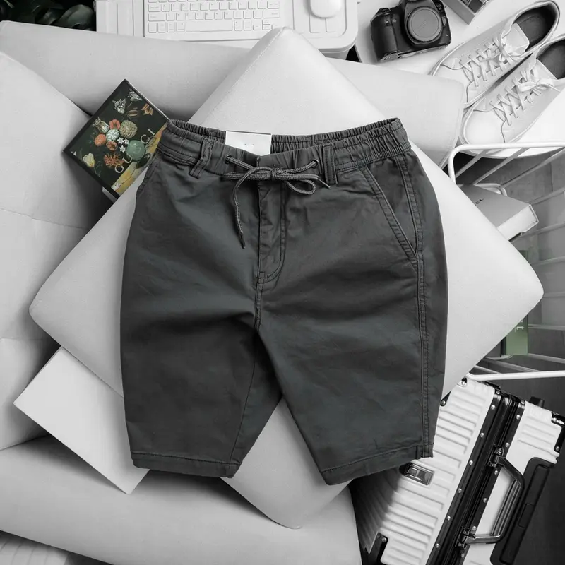 Quần short kaki co giãn  Quần Lửng Có Túi Menswear Nam Cạp Cao Lưng Cao, day kéo khoá đồng 0