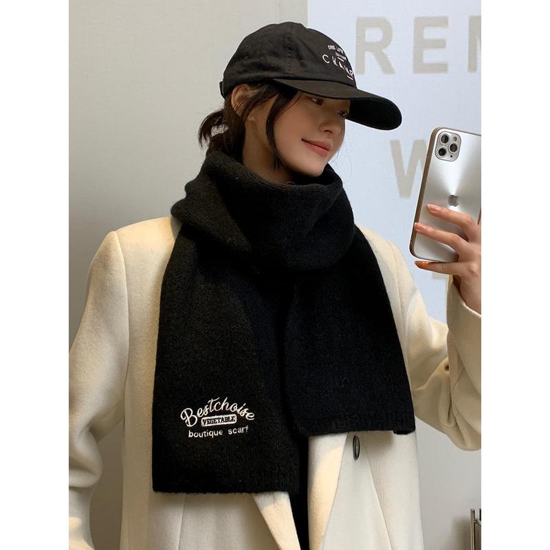 Embroidered Brown with Letters with Woolen Knitting Scarf Winter Girls 2023 New High-Grade Korean Style All-Match Scarf 6