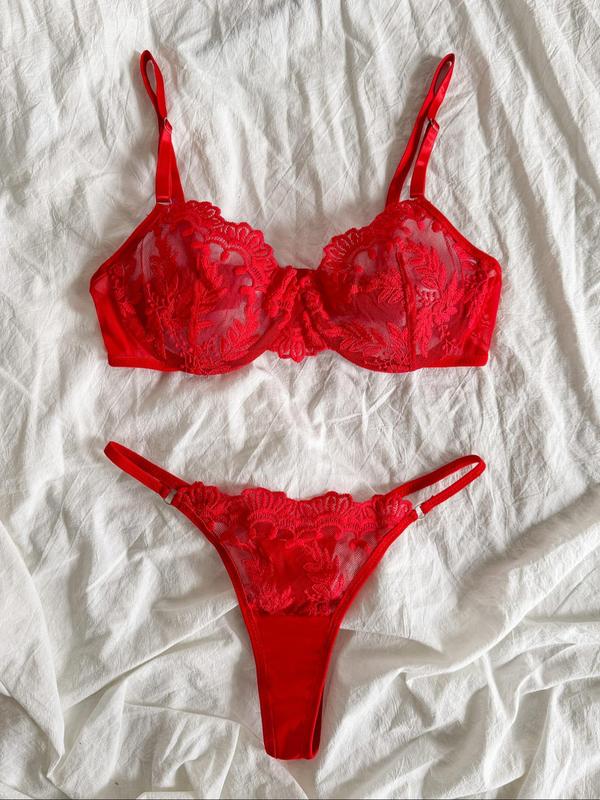Two-piece Set Women's Floral Lace Underwire Underwear Set, Sexy Adjustable Strap Bra & Sheer Thong, Ladies Underwear Sets for All Seasons Daily Wear, Naughty Lingerie, Womens Underwear 2