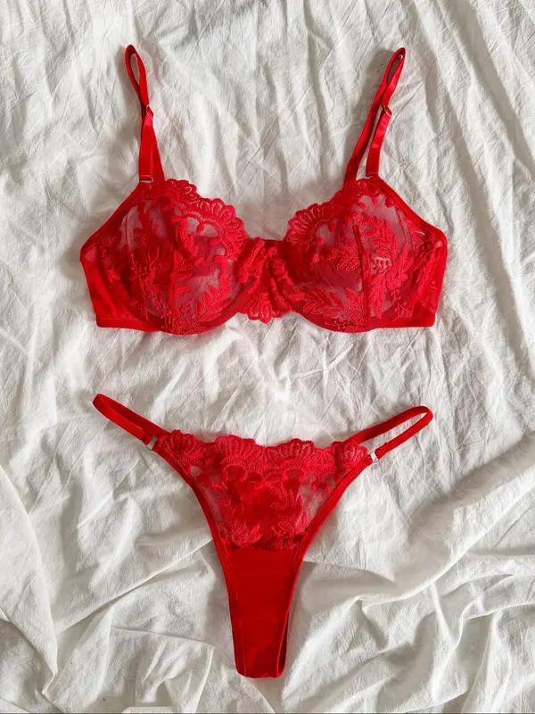 Two-piece Set Women's Floral Lace Underwire Underwear Set, Sexy Adjustable Strap Bra & Sheer Thong, Ladies Underwear Sets for All Seasons Daily Wear, Naughty Lingerie, Womens Underwear 2