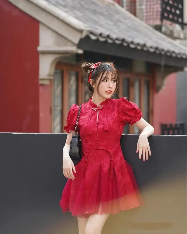 NV568 Váy tết 2024 sườn xám cách tân Váy nữ xinh dáng chữ a vải gấm hoa phối voan Women Dress Kem 7