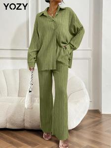 YOZY Textured Drop Shoulder Shirt & Wide Leg Pocket Pants Set, Elegant Long Sleeve Ribbed Shirt & Elastic Waist Trouser Matching Set, 2024 Women's Daily Wear for Spring & Autumn