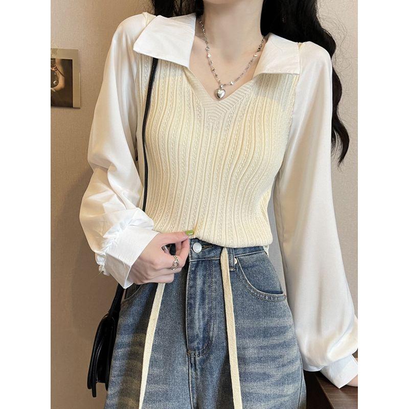 Product Introduction of Apricot Niche Shirt Women's Stitching Lapel Fake Two Pieces Design Short Knitted Top 23