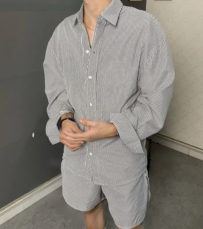 [ DEAL MỞ BÁN ]  Bộ Kẻ Sọc Unisex , Áo Sơ Mi , Quân đùi dáng rộng , Phong cách hàn quốc 4