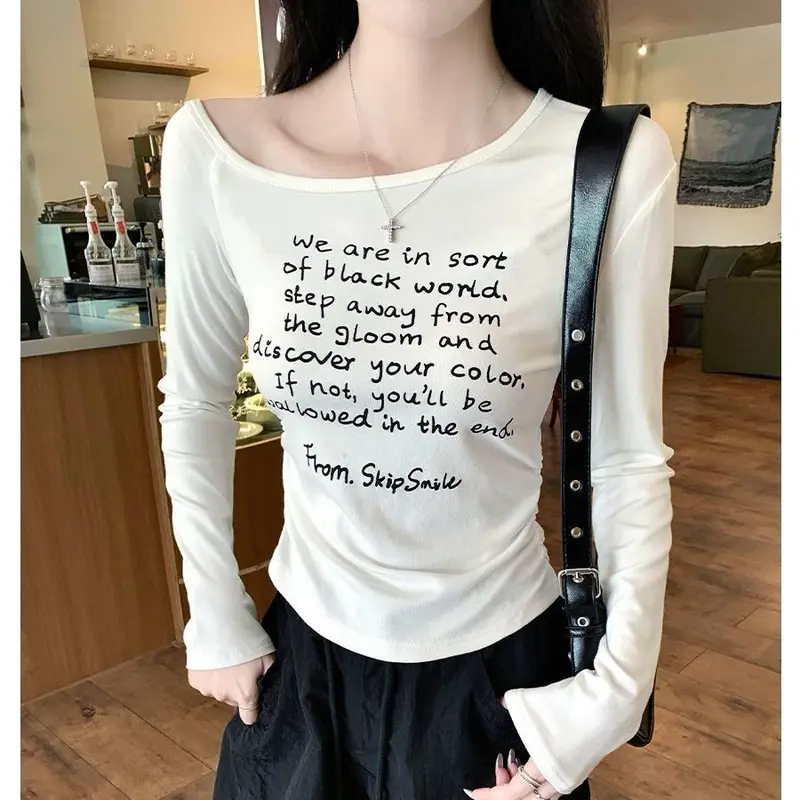 áo trễ vai xinh đẹp, Kiểu Lớp Cơ Sở, In Chữ, Eo Co Giãn, Xếp Ly,áo sơ mi nữ hottrend，áo nữ style hàn quốc 1