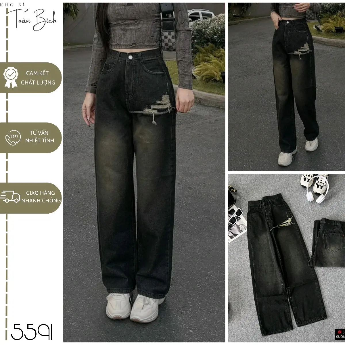 Quần jean nữ ống suông màu đen xám kiểu đắp rách tưa 1 bên - 5591 Women