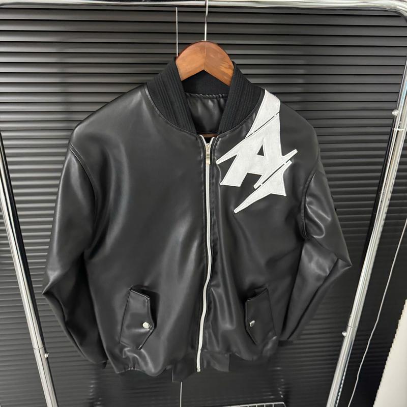 Áo Khoác Da Thêu Chữ A , Phối Túi Khoá Cho Nam Nữ Menswear Jacket 0