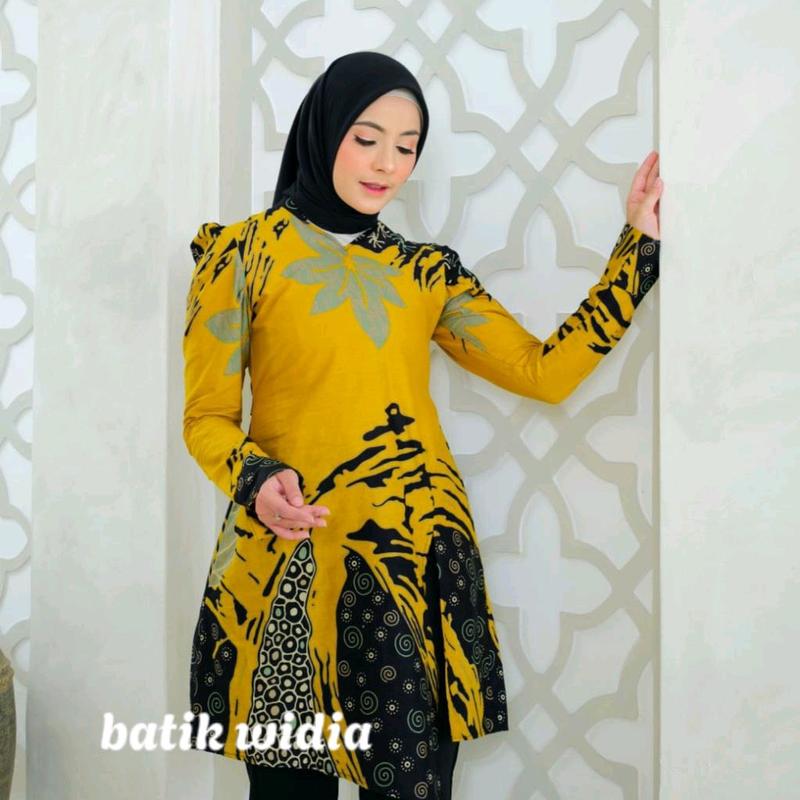 Tunik Batik Modern Wanita Lengan Panjang Puffy Shoulder Tunik Mustika By Batik Widia Katun Motif Seragam Kerja 4