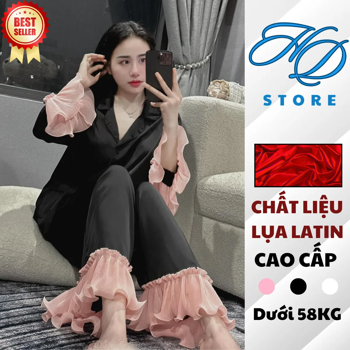 Đồ Bộ Nữ Tết Cao Cấp Pijama Mặc Nhà Tiểu Thư Lụa Mịn Latin Mềm Voi Áo Phối Ren Bèo Đồ Ngủ Bộ Ngủ Dưới 58KG Dưới 1’63 Xmas Nho Nhung B1 - HD STORE