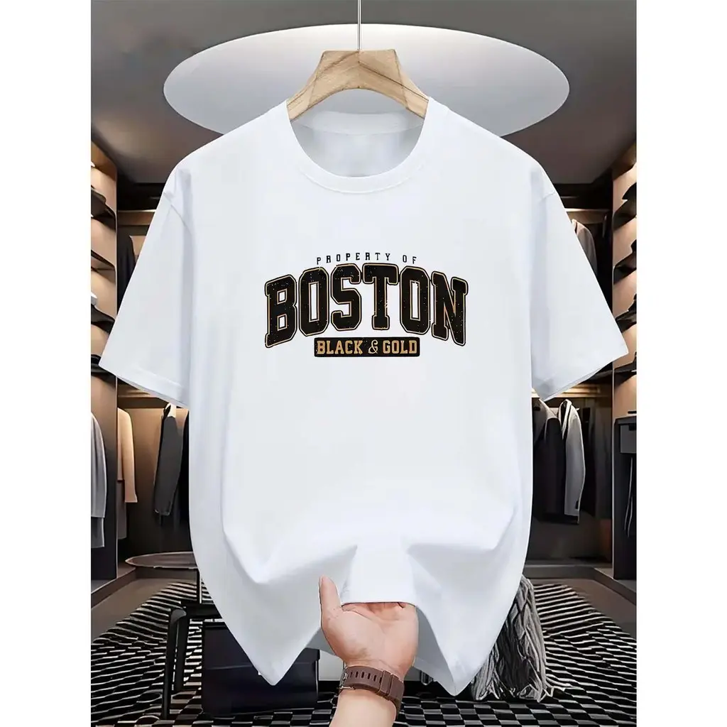 Kemeja-T Fesyen Lelaki, Gaya Boston, Hitam dan Emas, Bercetak dengan Huruf, Diperbuat daripada Poliester Berkait, Leher Bulat Kasual, Sesuai untuk Musim Panas, Baju-T Lengan