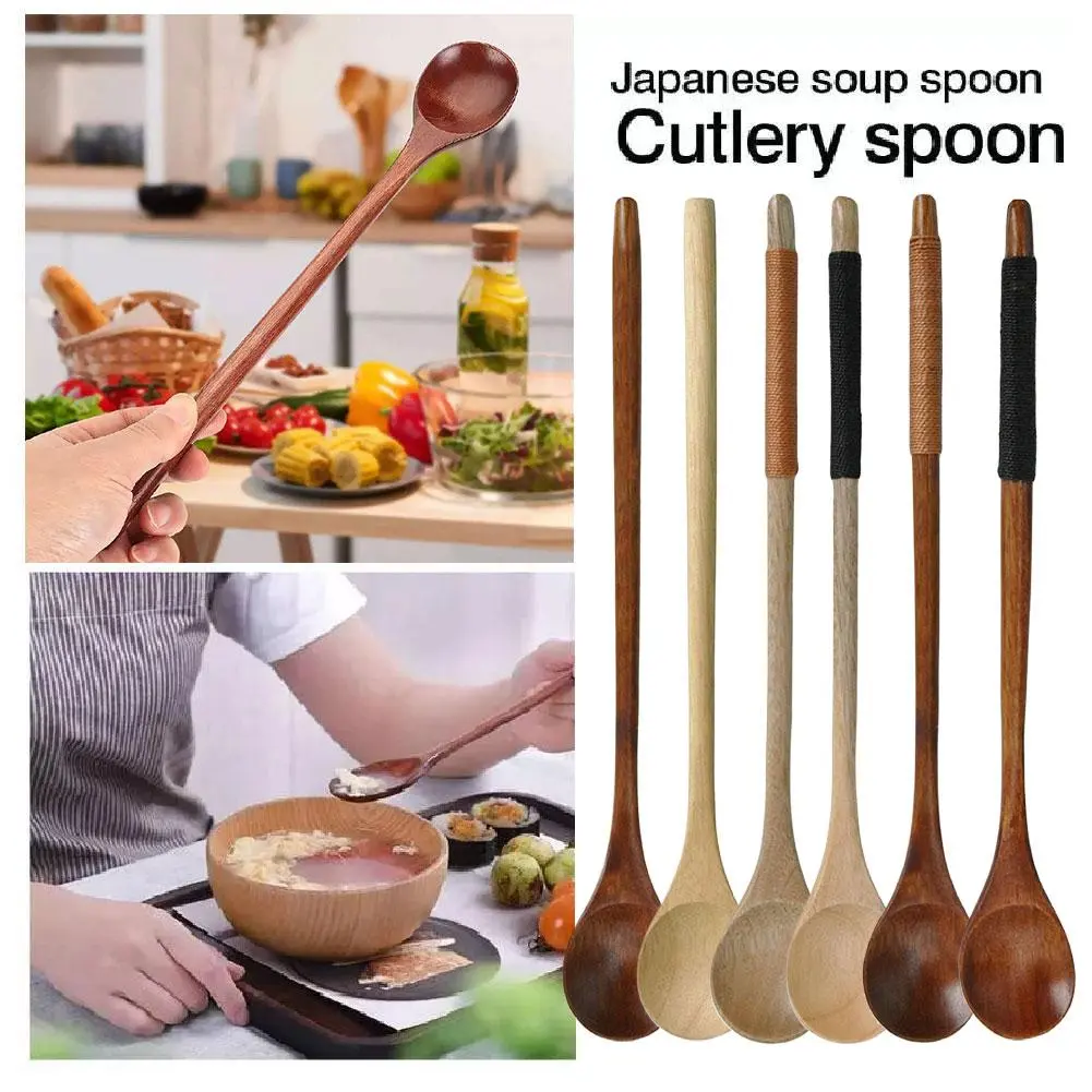 1pc Retro Household Wooden Long Handled Round Mouthed Spoon Practical Portable Tableware Great For Pasta Desserts And Soups