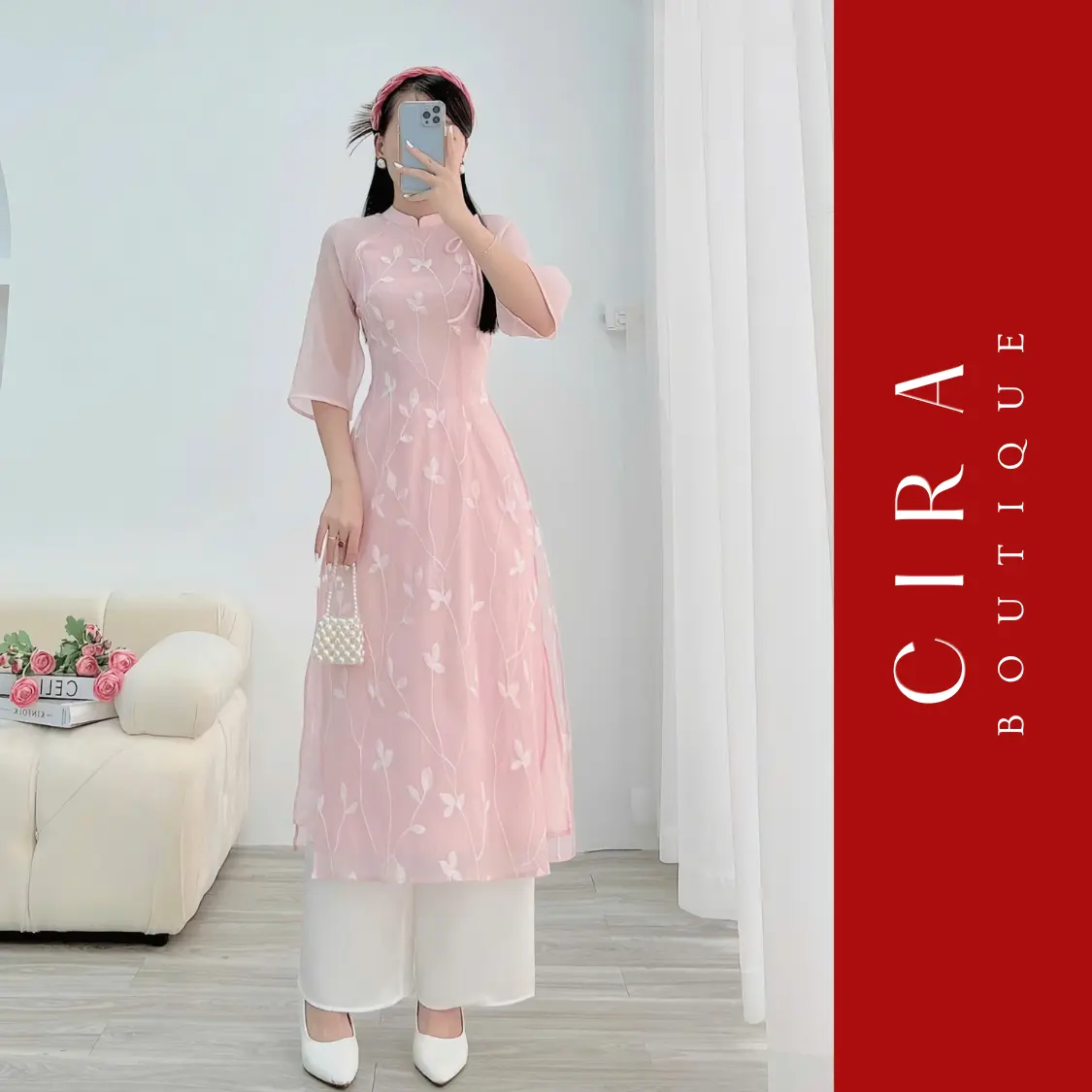 Set Áo Dài Cách Tân Voan Thêu Hoa Nổi + Quần Lụa - D0831 Nữ Women Top