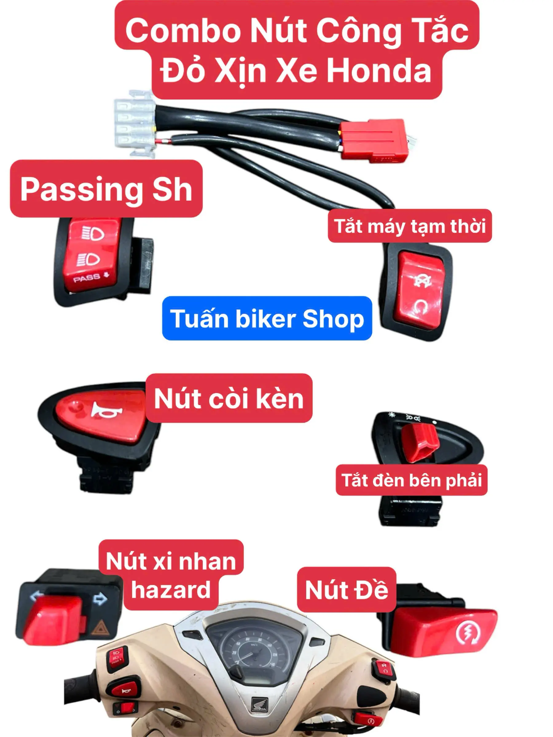 Combo Công Tắc Đỏ Xe Máy Honda Loại Xịn + Rắc Pasing Cắm Gắn ZIn < Công Tắc Logo Khắc Chìm Bền Màu>