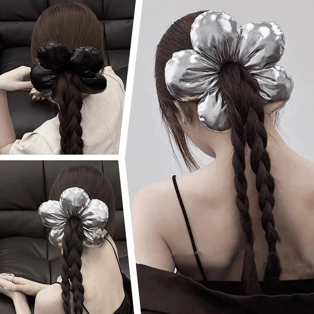 Flower Hairband 2024 New Black Silvery Color High-Grade Three-Dimensional Flower Leather Big Hair Ring High Ponytail Large Intestine Hair Ring Hair Accessories