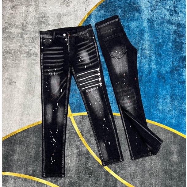  Quần dài jean nam đen 4 cúc phối 4 khóa kéo chất vải co giãn vẩy sơn siêu đẹp 